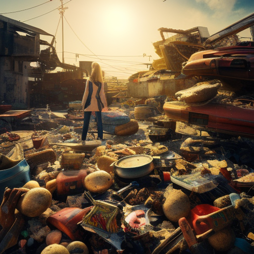 Hungry person looks on junkyard where sees food leftover., cinematic, dramatic, composition, sunny sky, brutalist, epic, hyper realistic, epic scale, sense of awe, hypermaximalist, insane level of details, artstation HQ, ultra high quality model
