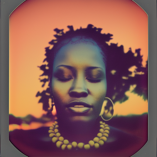 polaroid sx - 7 0 double exposure of a African woman face looking at the sunset, sky overlaid
