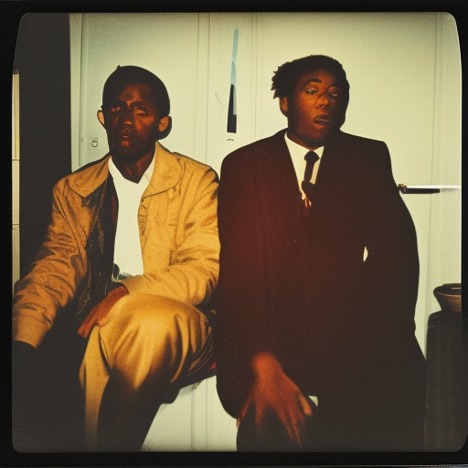 Long shot, vintage color Polaroid photograph of two African American men smoking in a cheap apartment by Andy Warhol. Published in Paris Review