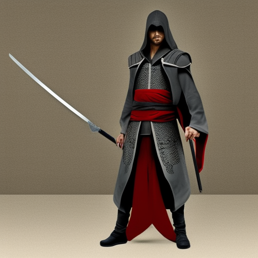 assassin creed logo in japanese medieval place and man with assassin creed outfit