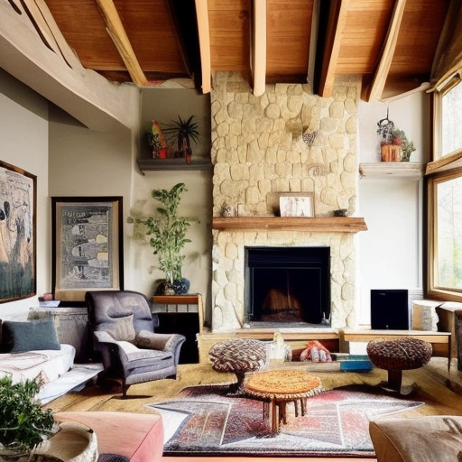 Boho style living room with large fireplace but empty wall