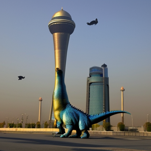 One dinosaur next to Milad tower in tehran