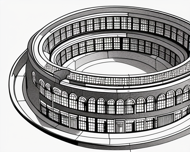 circular building, 32 rooms, two stories, orange bricks black and white pencil illustration high quality