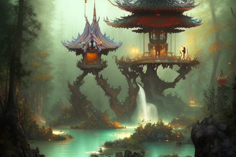 treehouse from gaudi in a deep mystical forest , floating chinese lampoons, lake, waterfall, tall people walking and discussing, dynamic lighting, art by peter mohrbacher on artstation, mix with rivendell architecture, night mood