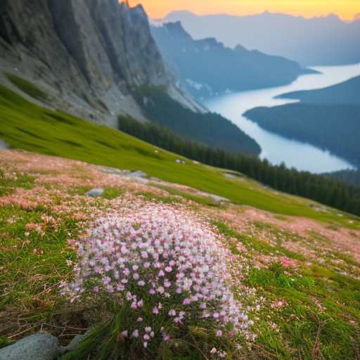 one edelweiss in the mountains, deep in the valley a lake, sunset in the background
