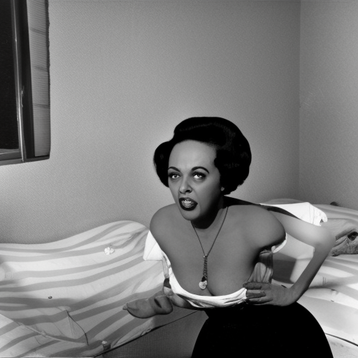 Bored African American housewife in a seedy motel room, 1962 color Fellini film, ugly motel room with dirty walls and old furniture, archival footage, technicolor film, 16mm, live action, John Waters, wacky comedy