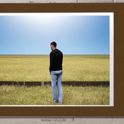 First-person view of a man who is standing in front of the land that he has just bought, which has low grass, and in the back, far away, there are other plots of land with fences demarcating the area, but this land that the man is looking at does not have any fence ultra-realistic portrait cinematic lighting 80mm lens, 8k, photography bokeh