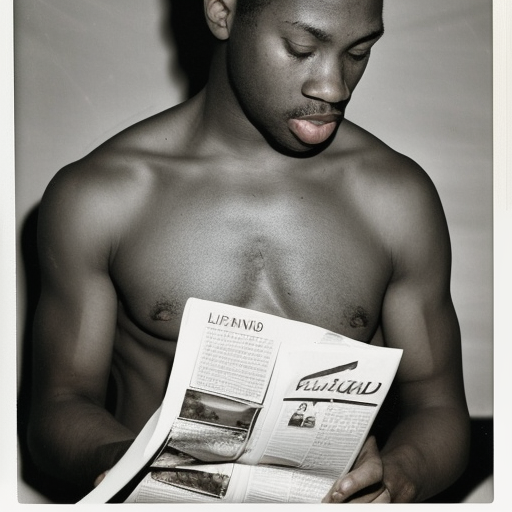 Shirtless African American male reading magazine, early 2000s, flash photography, polaroid