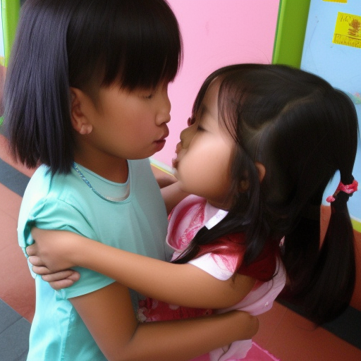 two kindergarten melayu girl kissing in hallway 