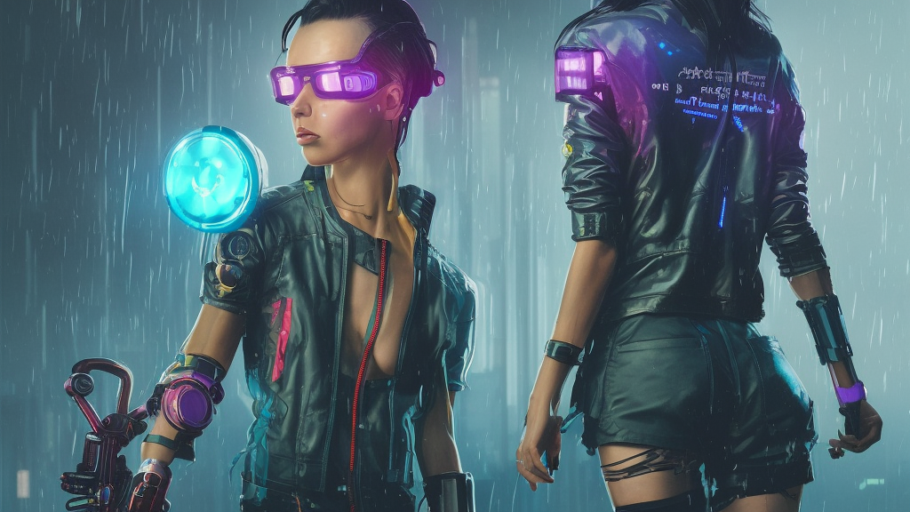 A female cyberpunk character concept art from Cyberpunk 2077, futuristic be goggles, transparent rain jacket, torn shorts, by Stanley Artgerm Lau, WLOP, Rossdraws, James Jean, Andrei Riabovitchev, Marc Simonetti, and Sakimichan, trending on artstation