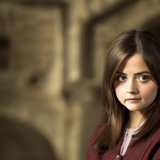 Jenna Coleman beautiful young with big dark eyes in the world of harry potter with a wand in a duel photograph photorealistic