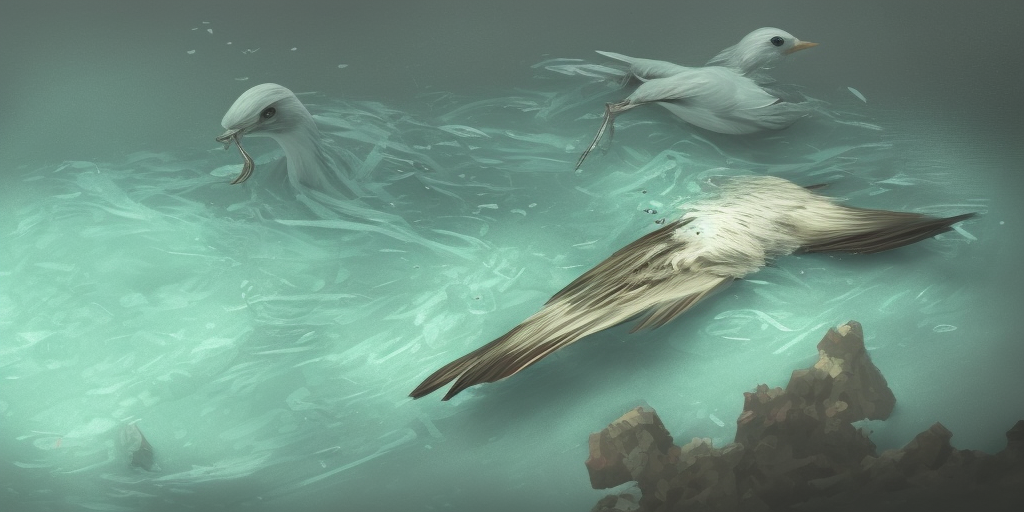 a artstation of A bird's corpse under water