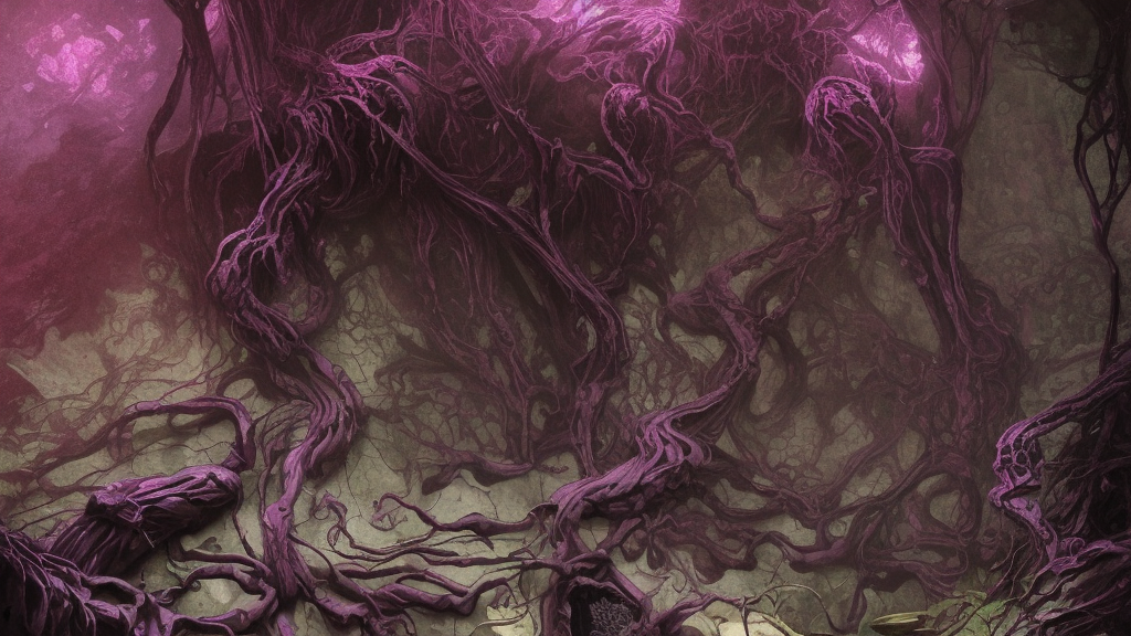 Dark purple coloured plants made of slime growing in a rocky crevice, inspired by HR giger and Lovecraft, veins, dim red light, intricate, highly detailed, digital painting, artstation, concept art, sharp focus, illustration, art by greg rutkowski and alphonse mucha
