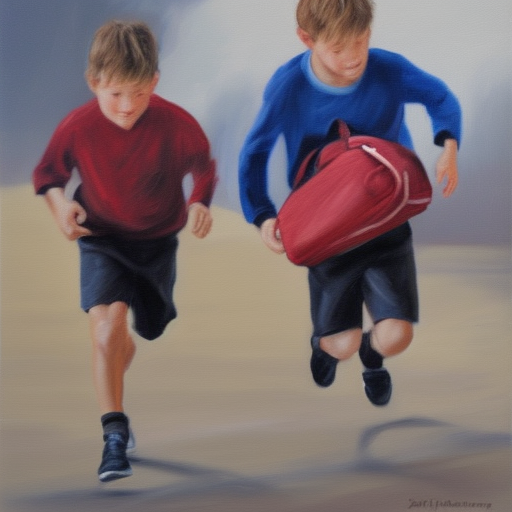 Two boys running with duffle bags oil painting on canvas, ultra realistic 