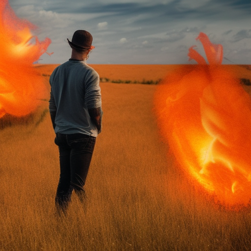 Man standing in a field on fire with glock no distortion 8k ultra hd