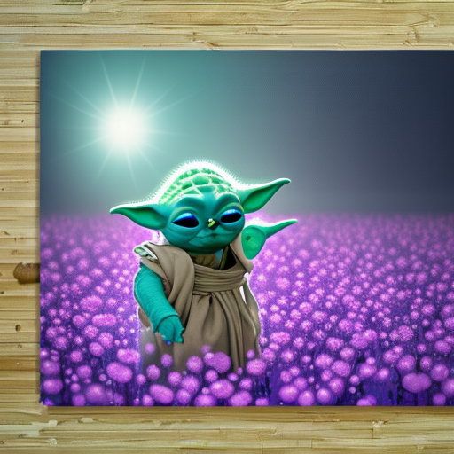 baby yoda surrounded by teal pink and purple bubbles, in a flower field at night, warm lighting, digital art, HDR oil painting on canvas