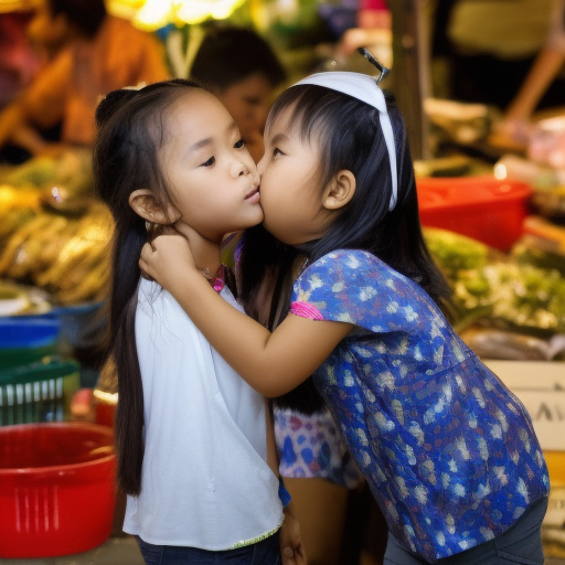 two Little malay girl kissing in night market 