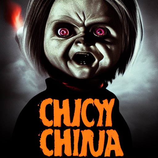 horrific scary horror movie poster of evil scary chucky with either coming out of the deep endless dark shadows very scary