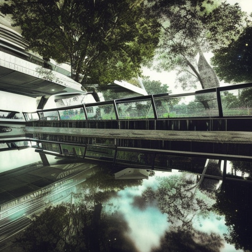 "Beautiful futuristic cyberpunk elevated house mansion exterior under a bridge, with wet road, with bright neon lights, people socializing, trees and grass", midjourney, geometric poligons, geometric structure, geometric walls, volumetric shadows, artificial intelligence, Star Trek, Star wars, Interstellar, lightning, robots walking, cantilever, balcony, colorful, gold, stones and rocks, terrace, black lines, shiny, golden hour, scifi, fractal, corona rederer, vray render, designer architect, utopia, concept art, archviz, refraction, high gloss, parking, vertical light beam, billboards, advertisement, unreal engine 5, car trails, high definition, HD, ultra HD, energy, street lights, matrix, volumetric light, blade runner 2049, neon signs, god rays, bloom, lens flare, smoke, octane render, laser beam, skyscraper, fog, electric pole, bright interior light, hard shadows, vehicles, neon street signs, light panel, light lines, diffuse lighting, photoreal, color lines, specular, cosmic, curved lines, post process, glow lines, engineered, 3d render, global illumination, parametric design, Evolo, exterior render, street design, glass reflections, curved and concave, black panels, Ken Yeang inspired, Vincent Callebaut inspired, Syd Mead inspired, fine tuned, light trails, diamond shaped, white and neon led lights, reflections on floor, detailed sky, Depth of field, focused, extremely detailed, intricate detail, elaborate, hyper realistic, dramatic shot, impressive, 35mm, sharp, elegant, high tech, ethereal, ray tracing, 8k, ultra realistic cinematic lighting, epic scale, sense of awe, hypermaximalist, insane level of details, artstation HQ, Sampler = DPM2, CFG scale = 9, Sampling Steps = 100, --q 2, --v 4