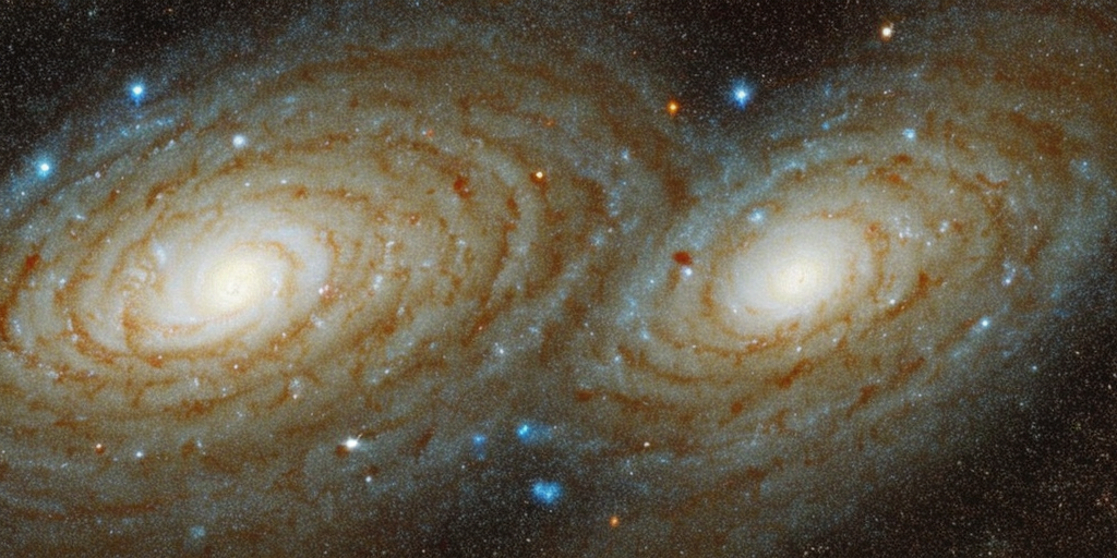 a painting of a Beautiful spiral galaxy NGC 6744 is nearly 175,000 light-years across, larger than our own Milky Way. It lies some 30 million light-years distant in the southern constellation Pavo, its galactic disk tilted towards our line of sight. This Hubble close-up of the nearby island universe spans about 24,000 light-years across NGC 6744's central region in a detailed portrait that combines visible light and ultraviolet image data. The giant galaxy's yellowish core is dominated by the visible light from old, cool stars. Beyond the core are pinkish star forming regions and young star clusters scattered along the inner spiral arms. The young star clusters are bright at ultraviolet wavelengths, shown in blue and magenta hues. 