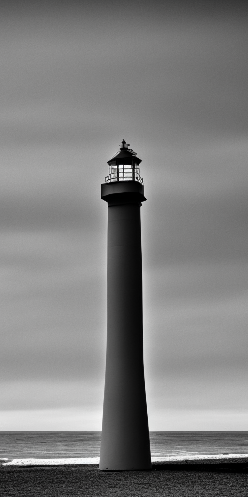 A grayscale photo of a platform on a metal column directly in front of a Spiekerooge beach. This could be mistaken for a lighthouse, but this can only happen on clear, bright days. At night, the construct then clears itself up due to its lack of luminosity. Otherwise it is cloudy, but dry. On the horizon you can barely see the mainland. Directly in front of the tower, a sandbank with its highest hump tip pushes through the water surface.