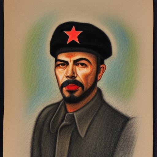 che guevarra, color pencil sketch, with small red star on small black beret, symmetrical