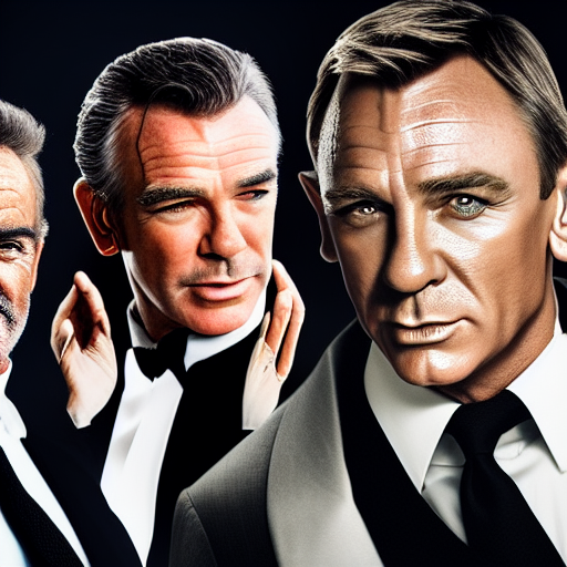 Sean Connery, Pierce Brosnan and Daniel Craig in a James Bond reunion ultra-realistic portrait cinematic lighting 80mm lens, 8k, photography bokeh