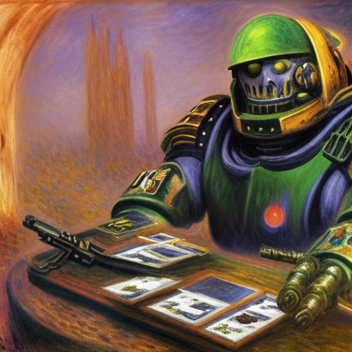 monet painting of a warhammer 4 0 k space marine playing magic the gathering,