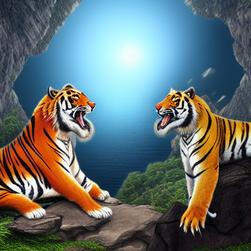 a tiger and dragon dragon next to each other on a cliff. Realistic