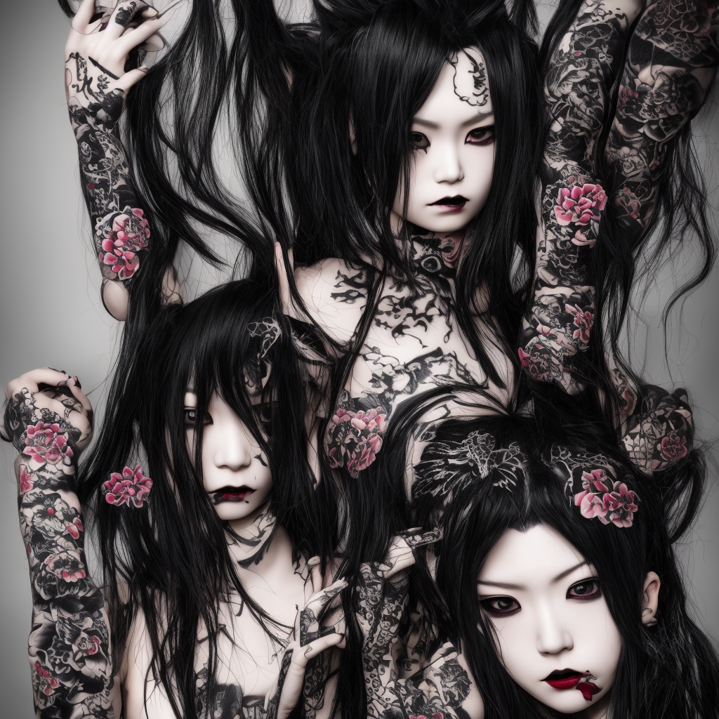 japanese gothic model with maximalist hair style and kanji tattoos, dark colors, fashion model, portrait shot, depth of field, 8 k, hyper detailed, intricate, trending on artstation