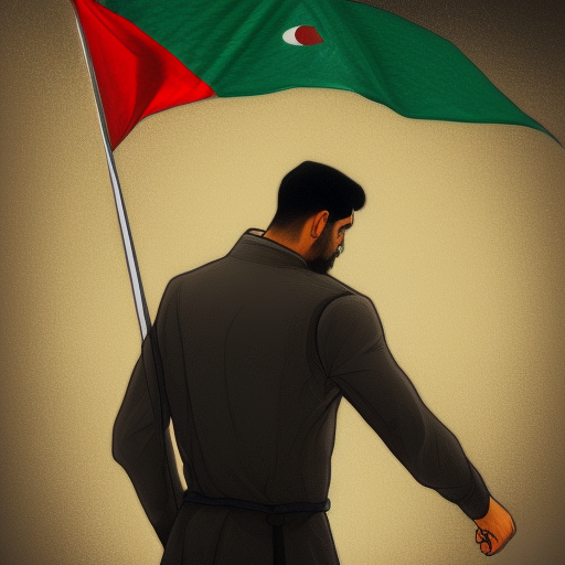 Digital art of A Palestinian man standing in front of Al-Aqsa holding the flag of Palestine in his hand, 4k resolution concept art portrait,  Alphonse Mucha dynamic lighting hyperdetailed intricately detailed art trending on Artstation triadic colors Unreal Engine 5 volumetric lighting handsome, short black hair