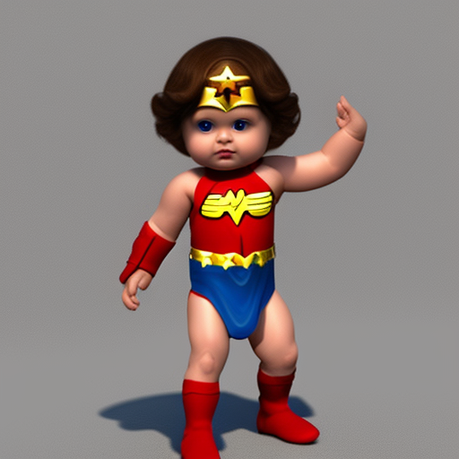 tiny infant wonder woman, 3D, standing, full budy, centralized, funny and sweet, photo realistic, cinematic ,lighting, 8k