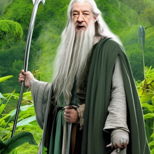 Gandalf wearing dark green standing on a fish in jungle boat dark