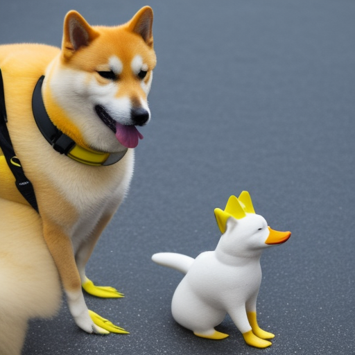 A white duck riding on a yellow shiba inu