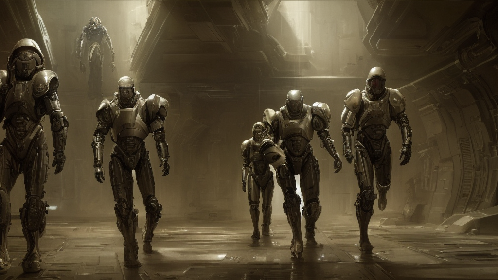 hyper realistic sci - fi matte concept art painting of two armored cyborg soldiers walking cautiously down a starship's hallway, intricate detail, low angle, brightly lit, beautiful details, strong composition painted by kim jung guweta studio rutkowski, james gurney and greg rutkowski, and lucasfilm, smooth, intricate, detailed, sharp focus, cinematic, mass effect