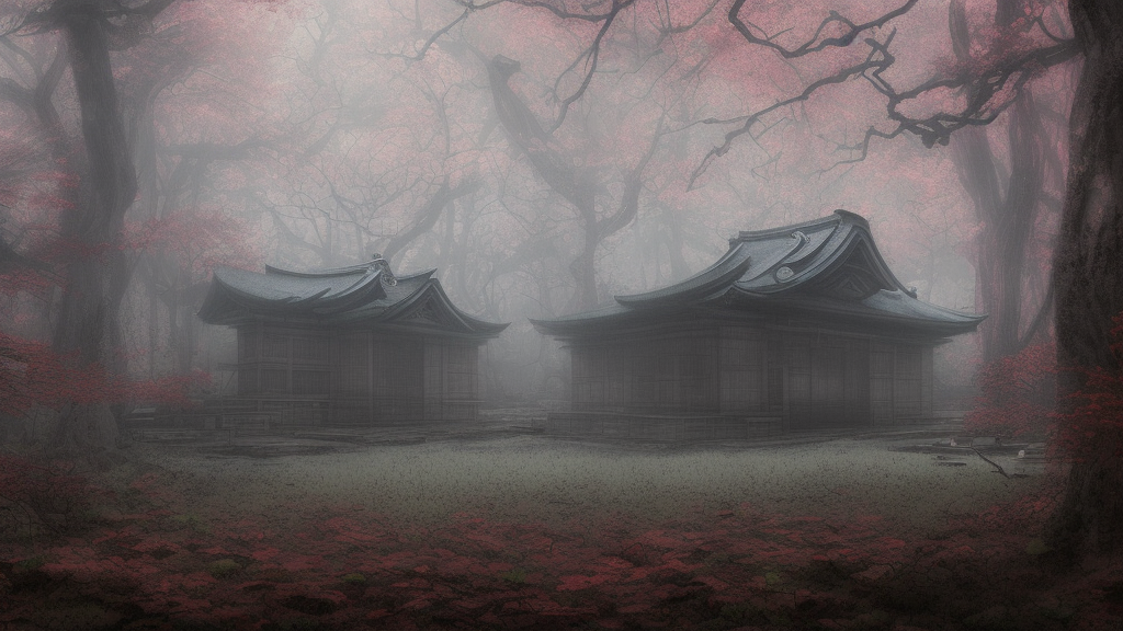 japanese abandoned temple in the woods, dark, moody, foggy by Marc Simonetti