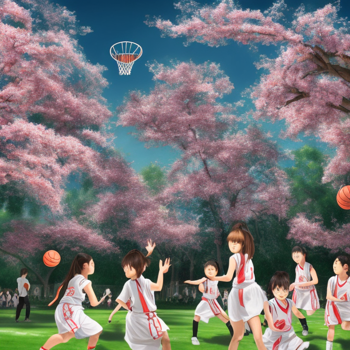 hachishakusama wearing a white dress playing basketball against a group of kindergarteners wearing japanese school uniforms, complete detailed body, cherry blossom trees in background, moody atmosphere, digital art, highly detailed, high contrast, beautiful lighting, award winning, trending on art station, photorealistic, 8 k,