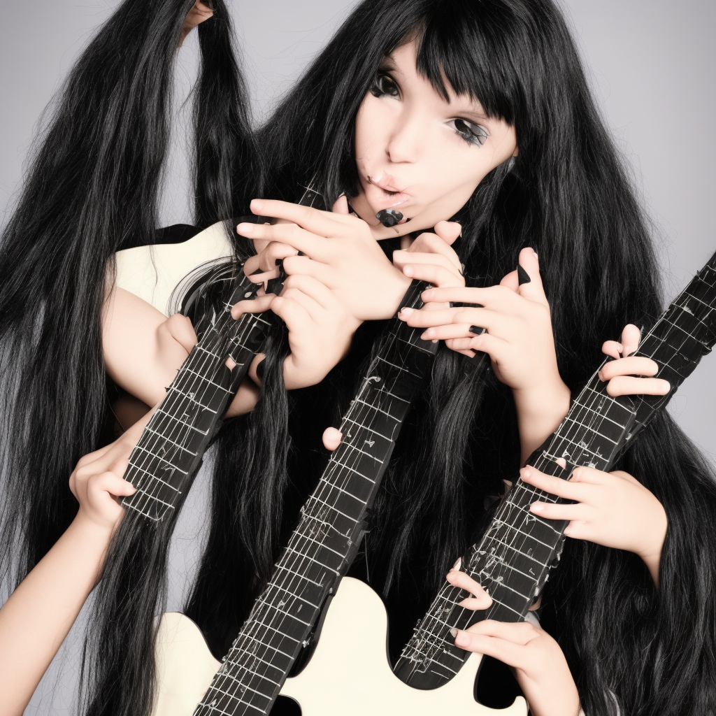 A 14-year-old girl with long black hair, skinny, wearing black lipstick, long black hair, and wearing black clothes while playing the guitar