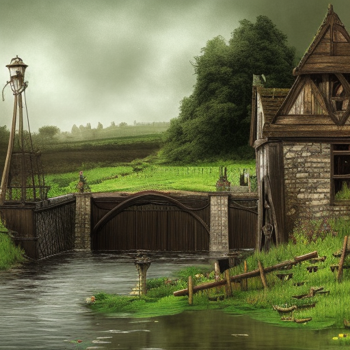 dark medieval river lock, sluices, lock gates, wide river, single house, Warhammer fantasy, summer, bushes, trees, nets, fishing, fish, water-lily, duckweed, boat, poor, black adder, muddy, puddles, misty, overcast, Dark, creepy, grim-dark, gritty, detailed, realistic, illustration, high definition