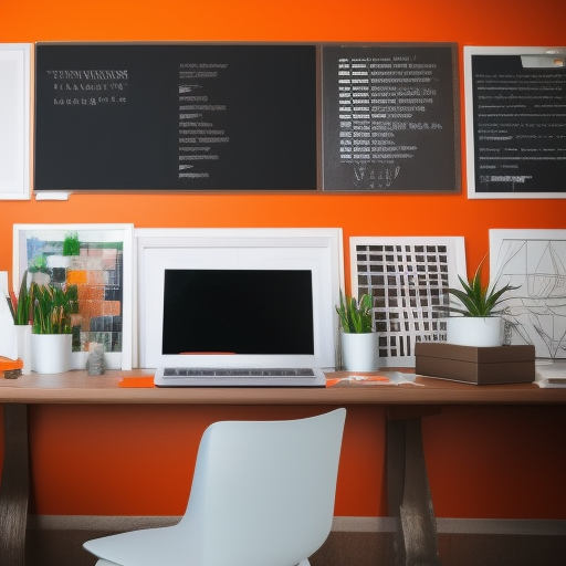designers with laptop workspace agency, modern white  offices, orange wall