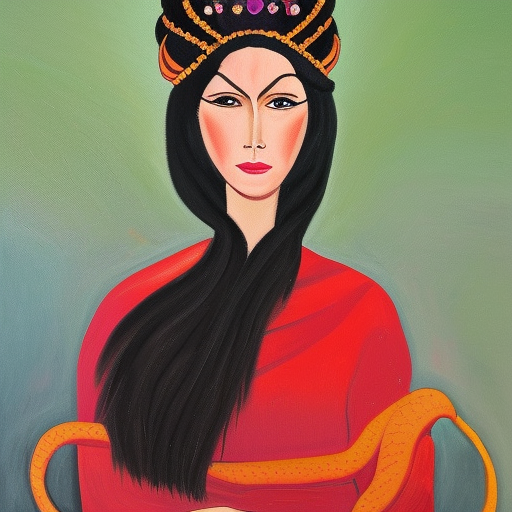snake empress. with large headdress, in a royal palace. red cosmo in background.
long purple and black Dress. Green skin. braids in hair. oil painting on canvas