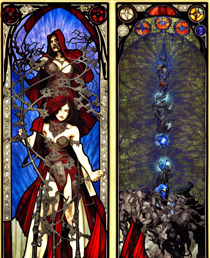 Path of Exile, cloaked dark night, Warhammer fantasy, awardwinning art by sana takeda and alphonse mucha and alex grey, evil guy beating good guy, battle between good and evil, black and red, gold and blue, intricate stained glass, grim-dark, gritty