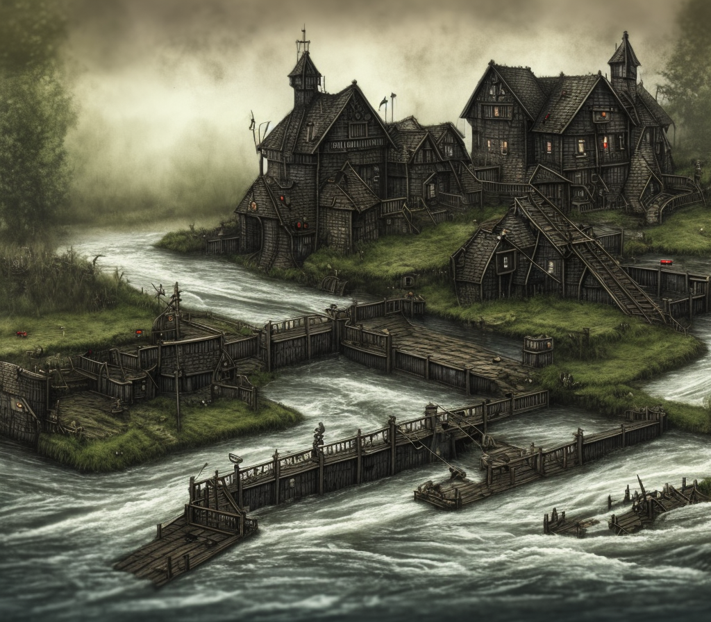 dark medieval big river, rocky rapids, river lock with two sluices between island and shore, two water levels, Warhammer fantasy, house, summer, trees, fishing, nets, black adder, muddy, misty, overcast, Dark, creepy, grim-dark, gritty, hyperdetailed, realistic, illustration, high definition