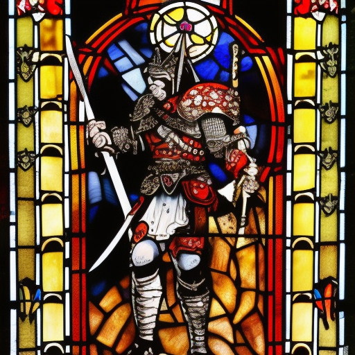 dark medieval, young evil satanic triumphant gladiator holding sword up, Warhammer fantasy, intricate stained glass, black and red, gold and blue, grim-dark, detailed, gritty