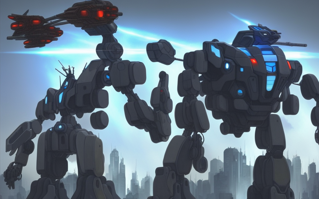 one very realistic large battle mech with firing missiles, tall ghost in the shell city, secong mech with blue edges exploding


