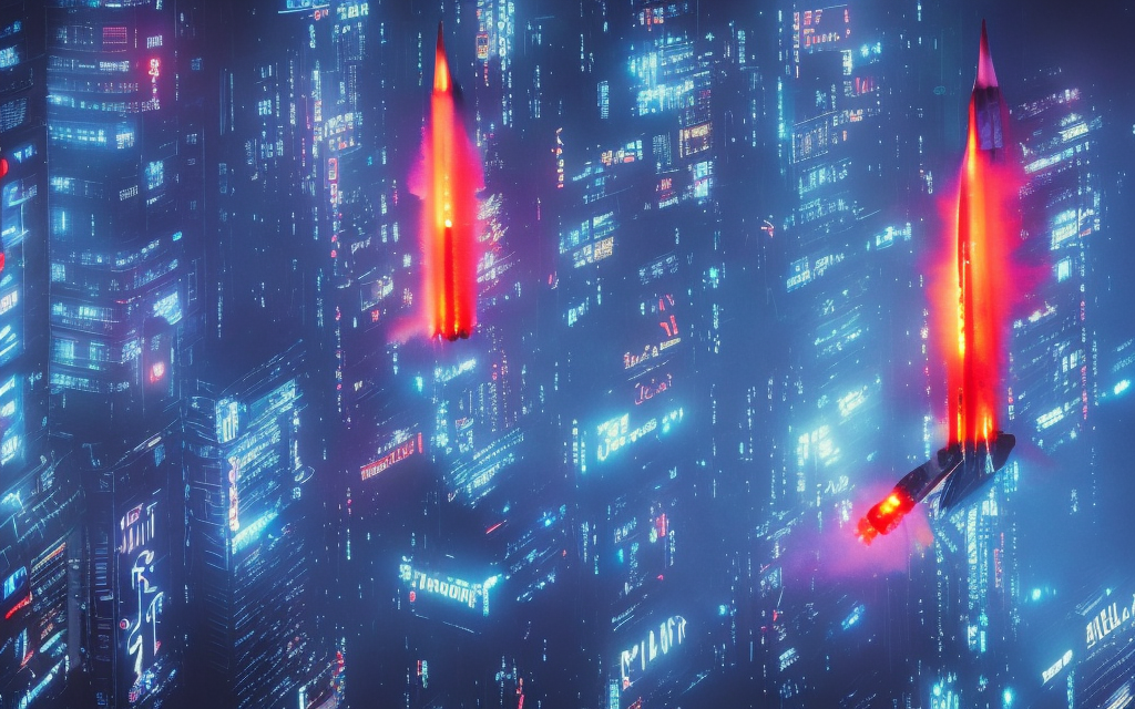 realistic large blue mech firing missiles into blade runner tower city on fire and exploding, neon japanese billboards, blue sky

