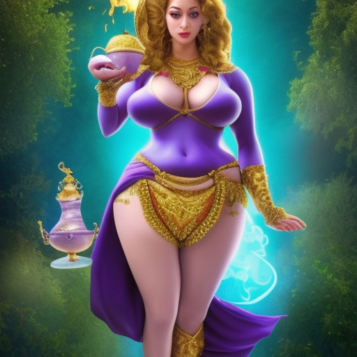 Realistic, high-quality, detailed, 8k, photorealistic, ultrarealistc, massive breasted, Female genie with extremely revealing genie outfit holding her itty-bitty golden magic teapot that has purple smoke leading directly out of the spout to her hips, stuning fantasy photograph, render of a beautiful and seductive female genie, beautiful photo of a fairytale, blue djinn, fantasy photography, beautiful genie girl, jinn