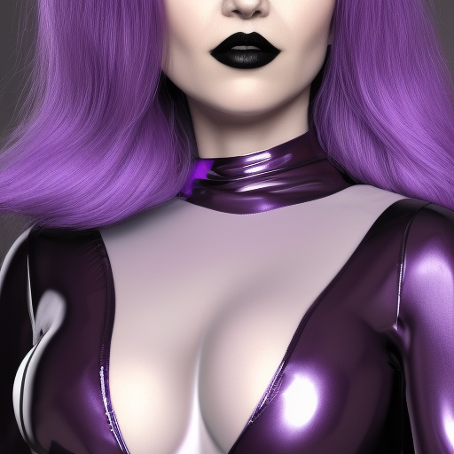 portrait of a classy pale voluptuous goth woman with an elaborate elegant silver-purple latex striped high-neck outfit, cgsociety, photorealistic, sublime, evil, 16k, smooth, sharp focus, trending on ArtStation, volumetric lighting