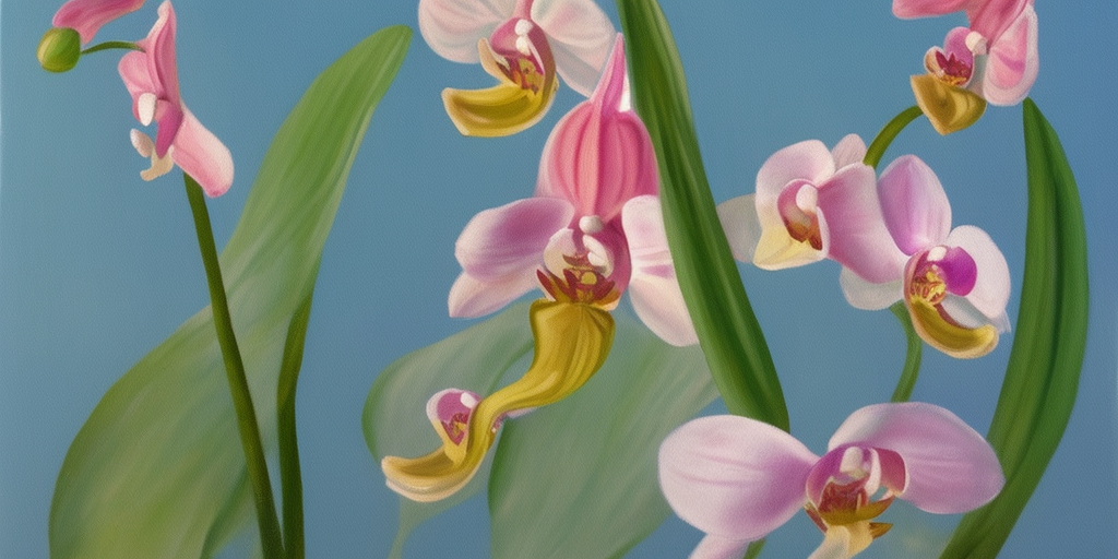 a painting of an orchid blossom opens and out comes a rocket (like from an egg)