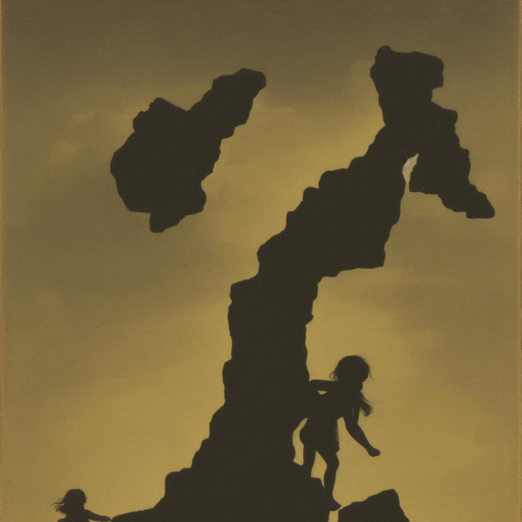 silhouette of a small girl climbing a cliff, M.K. Ciurlionis